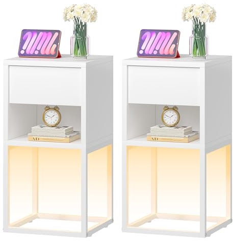 YITAHOME Nachttisch 2er Set mit LED-Beleuchtung, Beistelltisch mit Schublade offenes Fach Nachtschrank Schlafzimmer Beistelltische fürs Wohnzimmer einfacher Aufbau Weiss