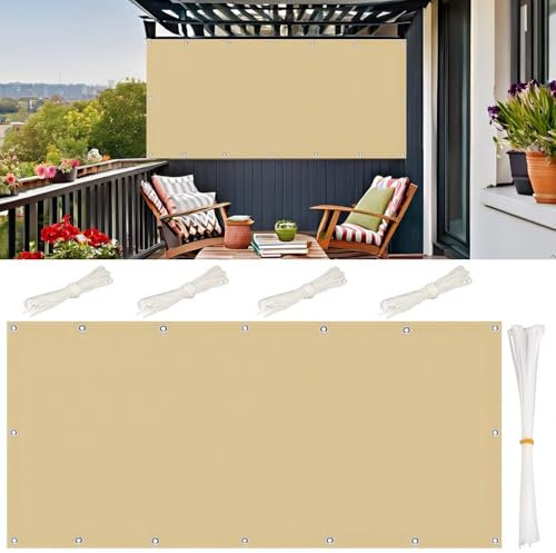 Balkon Sonnenschutz Wetterfest 110x1000cm im Viele Größe und Farben, Balkonabdeckung Balkonsichtschutz Ohne Bohren, Sonnensegel Wasserdicht Rechteckig für Garten Terrasse, Sand Beige