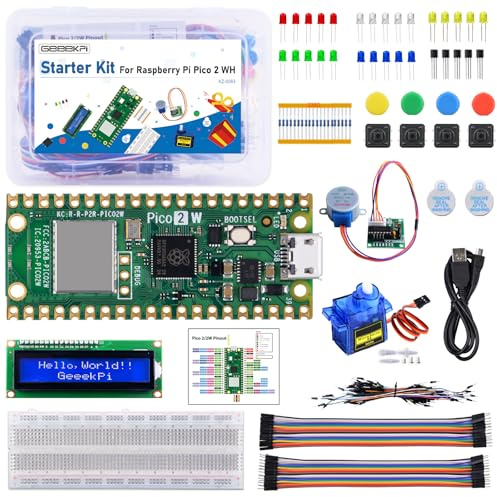 GeeekPi Kit de démarrage pour Raspberry Pi Pico 2W (inclus), Dual Arm Cortex-M33 et microcontrôleur Dual Hazard3 RISC-V, avec tutoriel détaillé, 159 éléments, 9 projets, Python C Code