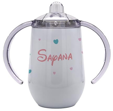 Marquage Unique Gobelet d'Apprentissage pour Bébé avec Anses, Tasse Isotherme Personnalisable, Motif Éléphant et coeurs - Gourde isotherme personnalisée au Prénom