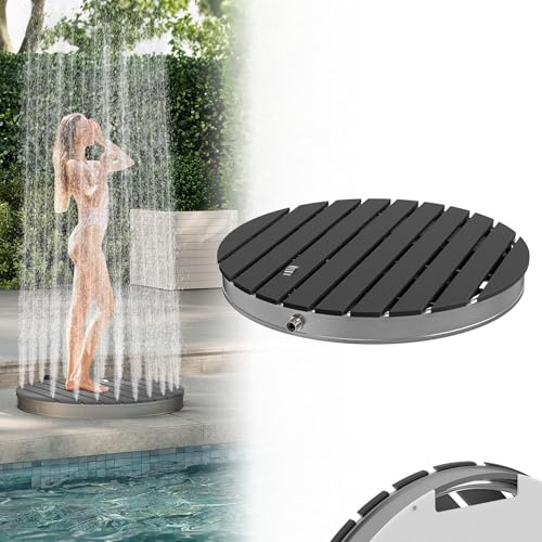 Froadp Ducha de jardín, ducha de camping, aluminio y WPC, color madera, cartucho de sauna con superficie antideslizante, diámetro de 70 cm, resistente a la intemperie, aspecto de madera, ducha