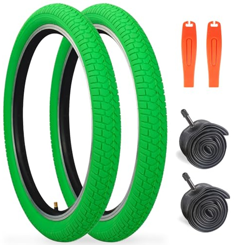 Confezione da 2 pneumatici per bicicletta, 20 x 2,125, 30 TPI, pieghevole, per bambini, con tubo da 20 pollici, valvola AV32 mm, compatibile con 20 x 2,10 – 2,25 Tires e Tubes (verde, 20 x 2,125