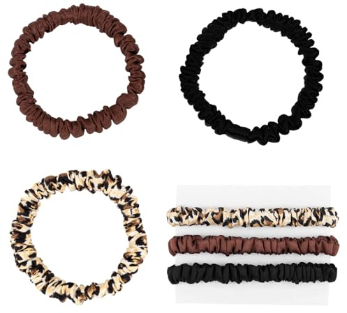 3 Stück Haargummi Seide, Silk Scrunchie in Leopardmuster, Schwarz & Kaffee, Elegante Haargummis Damen & Seidenhaargummi, Stylischer Haarschmuck für Tägliche Frisuren und Besondere Anlässe