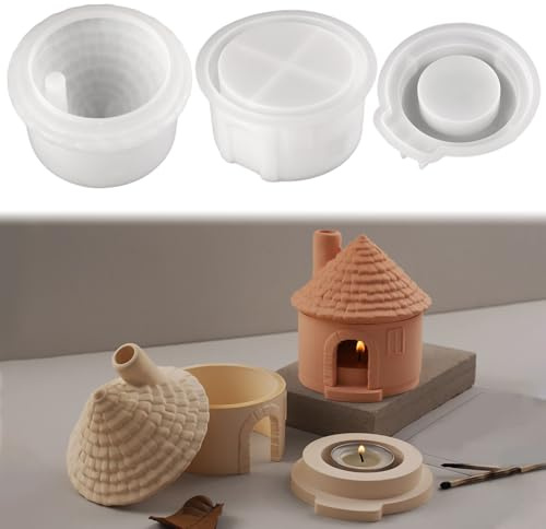 Silikonformen Gießformen Kerzenhalter, Silikonform Kerzenhalter, Rund Haus Gießformen Silikon, Gipsformen zum Gießen, 3D Silikon Formen zum Gießen, Gips Silikonform Gießform Teelichthalter (C)