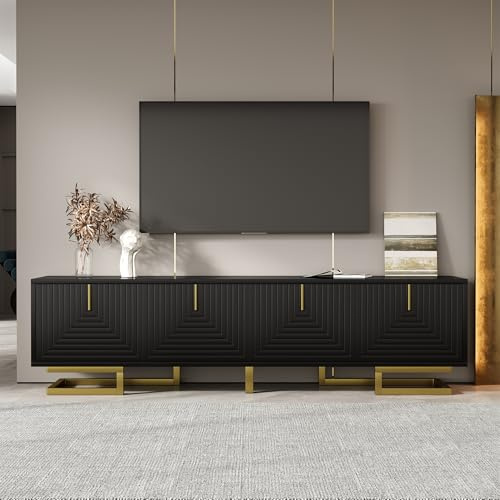 WASAGA TV-Schrank mit Strukturtüren 160x38x44.5cm, Lowboard mit Schubladen Goldene Griffe und Goldene Füße TV-Möbel (Schwarz & 160cm)