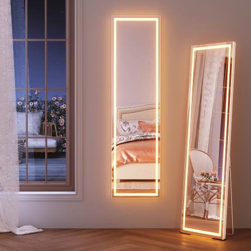 SONNI LED helkroppsspegel 150 x 40 cm, väggmontering/stativ (lutningsäker) | 3 ljusfärger + dimbar + minnesfunktion, vit aluminiumram stående spegel med belysning för sovrum