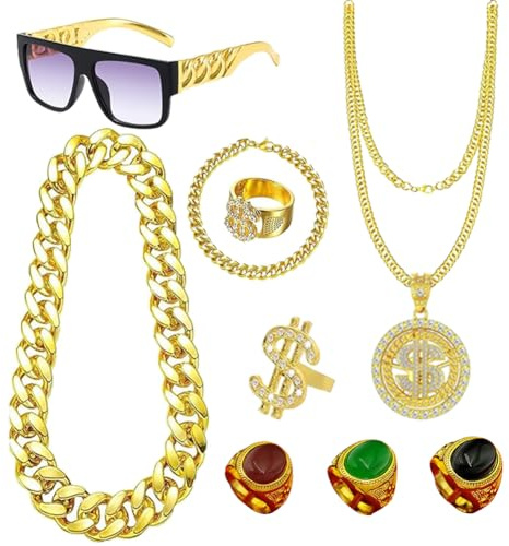 JJZENKD Karneval Kostümzubehör Erwachsene, 9 Stück 80s 90s Hip Hop Outfit, Mit Goldkette, Dollar Anhänger, Dollar Rings, Goldenes Armband, Goldene Ohrringe& Sonnenbrille, Gangster Kostüm für Herren