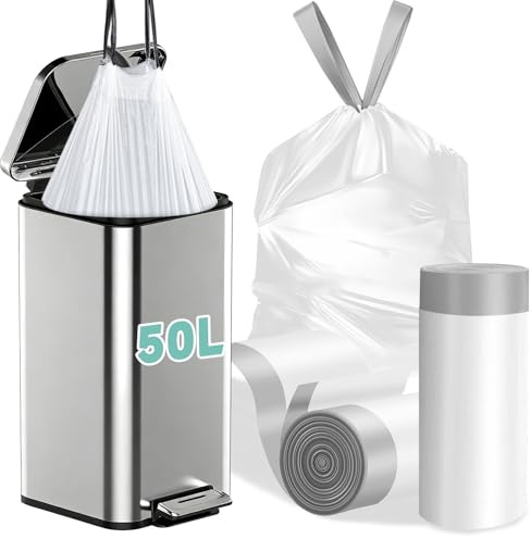 BODFPPC Bin Bags 50L, Tear-Free Drawstring Bin Liners, 20um Thickened Heavy Duty Tall Kitchen Bathroom Garbage Bags 50 Litres White 20 Counts