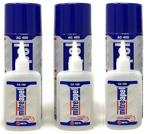 Mitreapel Pegamento Superka (3 x 100 gr) con activador de pegamento en spray (3 x 400 ml) - Adhesivo de cianoacrilato para manualidades y construcción, paquete con 3 unidades