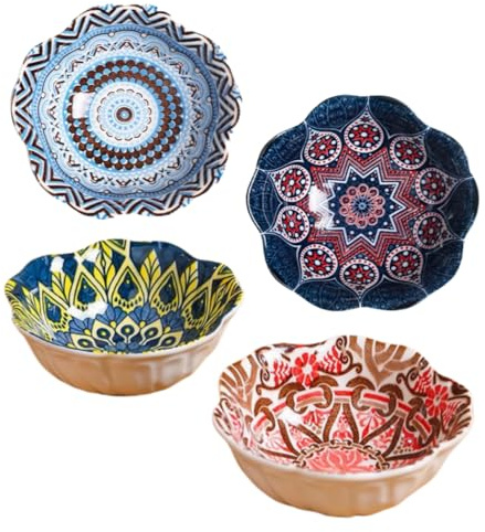 RedFlameDS 4PCS Porcelain Tapas Dishes,Serving Bowls,Tapas Bowls Set,Small Ceramic Dipping Bowl,Sauce Dishes for Sushi,Snack and Soy，Bohemian Style, Microwave & Dishwasher Safe