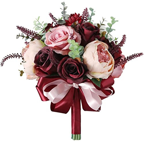 Ramo rosa de color burdeos - Champán Blush Blooming Peonía con eucalipto Flores de boda de novia perfectas