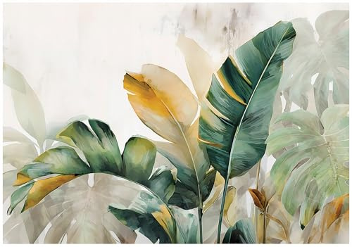 WallArena - Papier peint panoramique intissé feuilles 150x105 cm - Papier peint photo non tissé - Pour salon et chambre à coucher - Effet 3D - Avec colle - Tropical Boho Nature vert jaune
