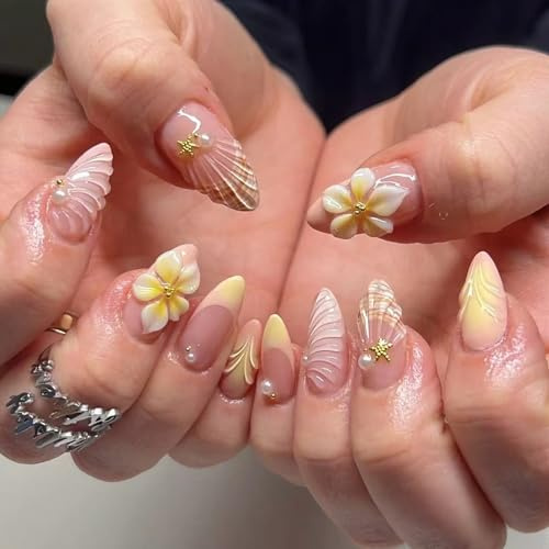 24 PCS Press on Nails Kurz, Almond Künstliche Nägel zum Aufkleben,Gelb French 3D Wellen Blumen,Seestern Design, Full Cover Fake Nails mit Nagelkleber - Für Frauen DIY Nageldesign Maniküre