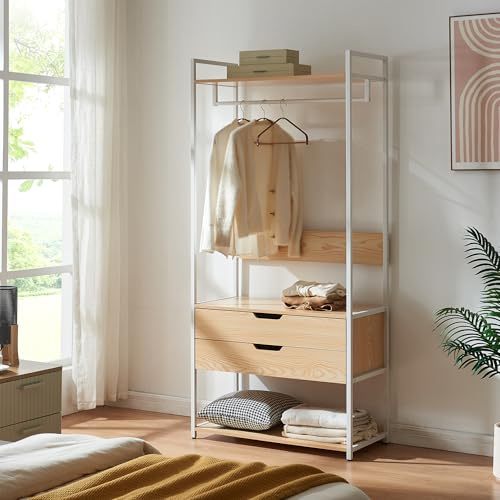 [en.casa] Garderobenständer Larem Kleiderständer mit 2 Schubladen Metallgestell 180 x 84 x 40 cm offener Kleiderschrank mit Kleiderstange Standgarderobe Flurgarderobe mit 2 Ablagen Eicheoptik