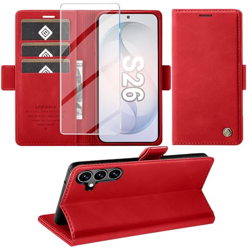 Giyer Cover per Samsung Galaxy S26 Custodia con Vetro Temperato, Premium PU Portafoglio Slot per Scheda RFID Antifurto Funzione Supporto Flip Case, Antiurto per Samsung S26 5G Cover (Rosso)