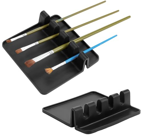 AHANDMAKER 2 Packs Silicone Paint Brush Holders, Rectangular Paintbrush Organizer Stand with 4 Slots for Drawing Artists Thick Paint Brush Drying Rest for Watercolor Oil Painting Accessories, Black