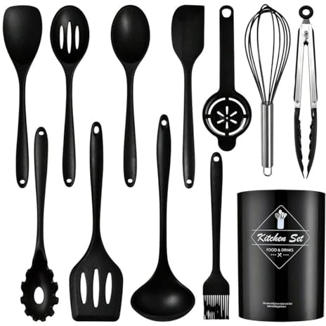 Juego de utensilios de cocina de silicona (12 piezas) con mango de acero inoxidable resistentes al calor y antiadherentes con soporte para utensilios aptos para lavavajillas color negro (sin BPA)