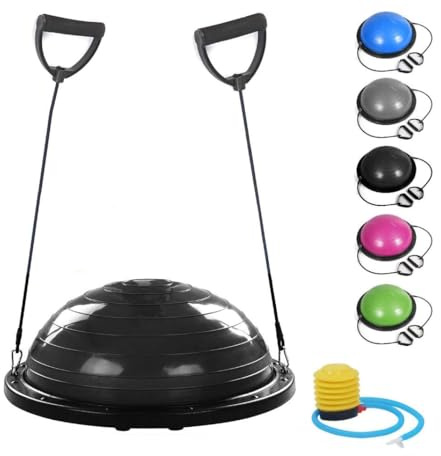 FMYBB70N Balance Half Ball (Ø 60cm) | Aufblasbarer Halbkugel | Fitness Trainer für Yoga Pilates Funktionelle Physiotherapie | mit Gummibändern, Griffen und Pumpe (Schwarz)