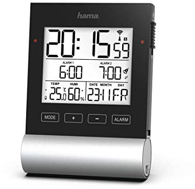 Hama Funkwecker Digital „Black Line“ (Digitalwecker mit Speed-Alarm, 2 Weckzeiten & Schlummerfunktion, Anzeige für Datum, Innentemperatur & Luftfeuchtigkeit, inkl. Batterien) schwarz