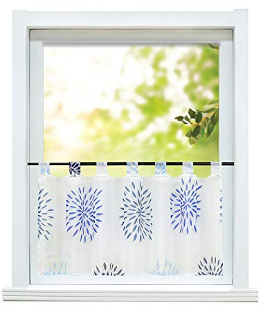 ESLIR Scheibengardine modern Bistrogardine Küche Gardinen Transparent Vorhänge mit Schlaufen Kurzgardine Voile Kreis Muster Blau HxB 45x90cm 1 Stück