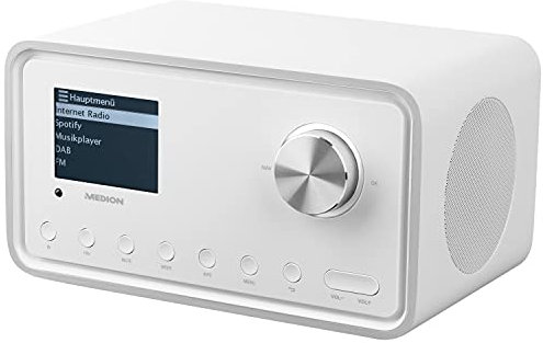 MEDION S85105 Internetradio mit 2.1 Soundsystem (8,1 cm (3,2 Zoll) Farbdisplay, WLAN, DAB+, UKW FM, LAN, DLNA, Line in/Out, 2 x 10 W RMS) weiß