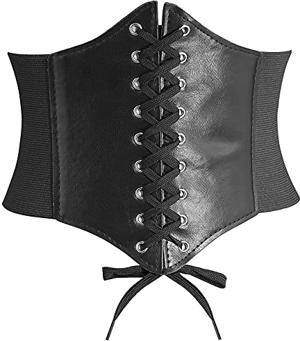 DTWAWA Ceintures de Corset de Noir pour Femmes, Ceinture de Taille Waspie en cuir Nouée Large et Élastique pour Robes de Filles