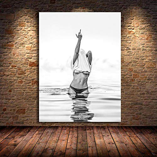 Leinwand Malerei Kunstwerk Moderne Mode Schwarz Weiß Poster Mittelfinger Feministische Wandkunst Frau Bilder Room Decor 80x100cm (32x39in) Rahmenlos