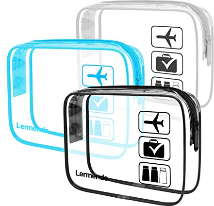Lermende Borsa da toilette trasparente, approvata TSA, per viaggi, bagaglio a mano, aeroporto, compagnie aeree, confezione da 3, Blu Grigio Nero, 3 Pack, Beauty case approvato TSA