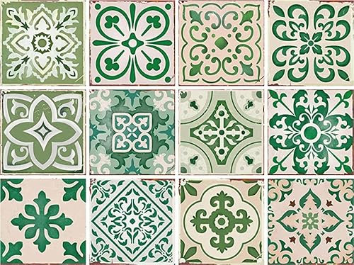 Artinstick Vintage Green Moroccan DIY Tile Stickers Vinyl Decal Aged Effect Waterproof Self Adhesive 6x6 Peel and Stick On Tile 15x15cm Victorian Mosaic for Bathroom Kitchen, 12 Tiles