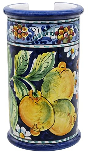 sicilia bedda - PORTABICCHIERI in Ceramica di CALTAGIRONE Realizzati Interamente a Mano - Altezza 20 Cm (Limoni Sfondo Blu)
