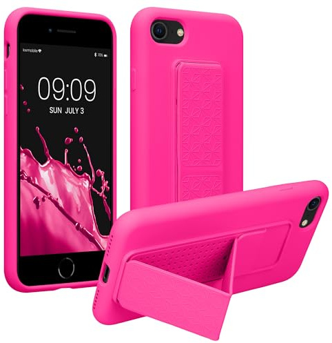 kwmobile Handyhülle für Apple iPhone SE (2022) / SE (2020) / 8/7 Hülle - TPU Silikon Case mit Fingerhalter und Stand - Schutzhülle Cover in Neon Pink