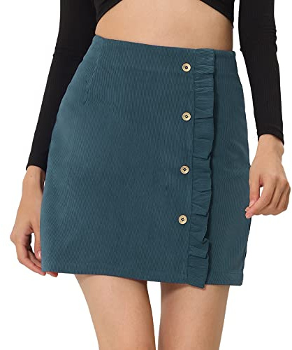 Allegra K Gonna Corta da Donna a Vita Alta con Bottoni Vintage in Velluto a Coste, Blu Polvere, M