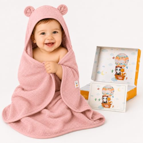 FUCHSUNDPANDA ® Huvhandduk baby extra tjock, varm och mjuk | 75 x 75 cm babyhandduk med huva (100 % bambu) | Babyhandduk huva med bra presentförpackning (pion)