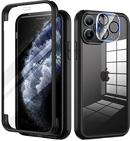 seacosmo for iPhone 11 Pro Case Full-Body Shockproof Case with Built-in Glass Screen Protector and Camera Lens Protector Rubber Bumper Case Cover for iPhone 11 Pro 5.8 Inch- Black/Clear