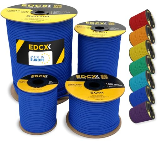 EDCX 4mm Nylon Paracord 550 30m (100 fot) - Typ III, 100% nylonrep, 7-trådsrep, 4mm nylonrep i enfärgade färger (Blue, 30 m)