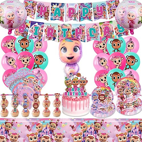 76Piezas Decoracion Cumpleaños Adornos de Cumpleaños Niños,Decoración Cumpleaños Chica,Suministros de Vajilla para Fiestas Pancarta,Mantel,Servilletas,Globos de Látex,Adornos para Cupcakes