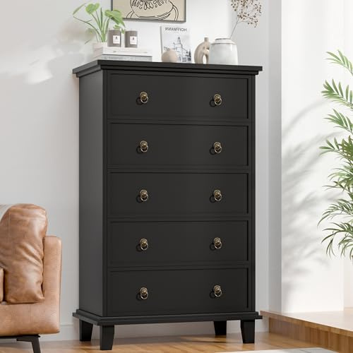 COWMOU Black Dresser for Bedroom,Tall Dresser with Silent Drawer Slide,Wooden Chest of Drawers 5 Drawers,Storage Tower for Bedroom,Hallway, Entryway