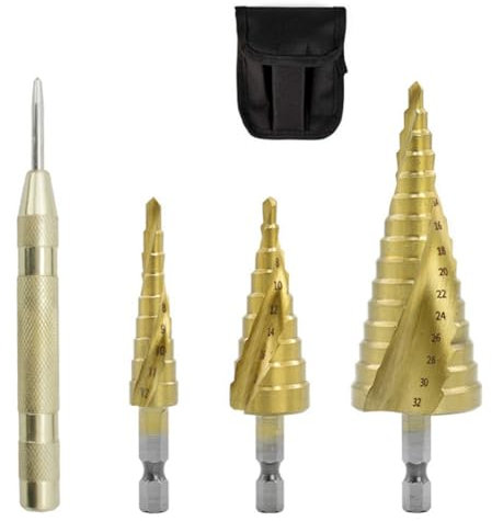 Rordigo Spiral-Stufenbohrer mit Sechskantgriff, 4-Teiliger Sechskant-Stufenbohrer-Stanzanzug, Geeignet für Kunststoff- und Metallplatten, Langlebig, Einfach zu Bedienen