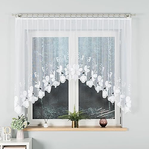 Gardinen Vorhangen Weiß 300x120 cm (BxH) Maggiore Bogen Küchengardinen Stores Gardinen Kurz Jacquard Scheibengardine Wohnzimmer Vorhänge Fertiggardine Kurzstores Blumen