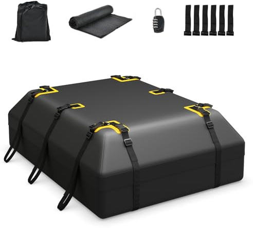 GYMAX 15/21 Piedi Cubi Box da Tetto per Auto, Borsa Tetto Impermeabile per Auto con/senza Portapacchi, Box Bagagli con Tappetino Antiscivolo & 6 Ganci Porta (100 × 130 × 44 cm)