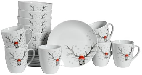 CreaTable, 21498, Serie Luna Hirsch, 18-teiliges Geschirrset für 6 Personen, Frühstücksset aus Porzellan, spülmaschinen- und mikrowellengeeignet, Qualitätsproduktion