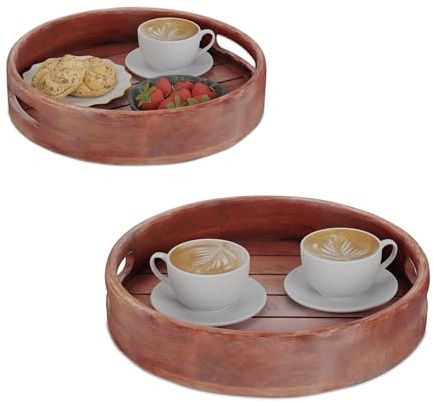 Relaxdays Bandeja Redonda, Set 2, Madera de Mango, 29 y 36 cm Ø, Asas, Borde Alto, Decorativa, Bebida y Comida, Marrón
