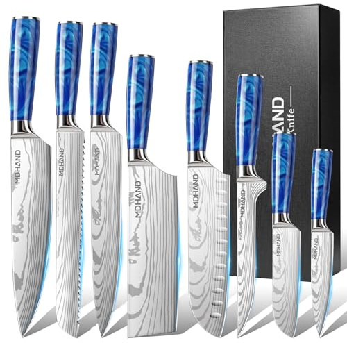 MDHAND Set de Couteaux de Cuisine,Couteaux de Cuisine 8 pièces tranchants en acier inoxydable avec manche ergonomique,Set cadeau parfait pour les cuisiniers professionnels et débutants