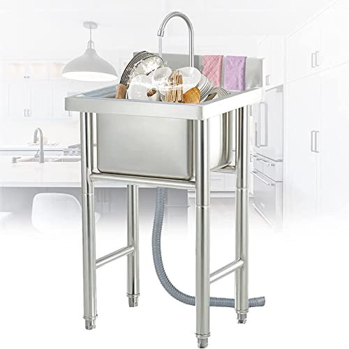 Estación de trabajo Fregadero de cocina comercial, fregadero de catering, fregadero independiente de un solo tazón con colador y grifo, fregadero de preparación y uso general de acero inoxid