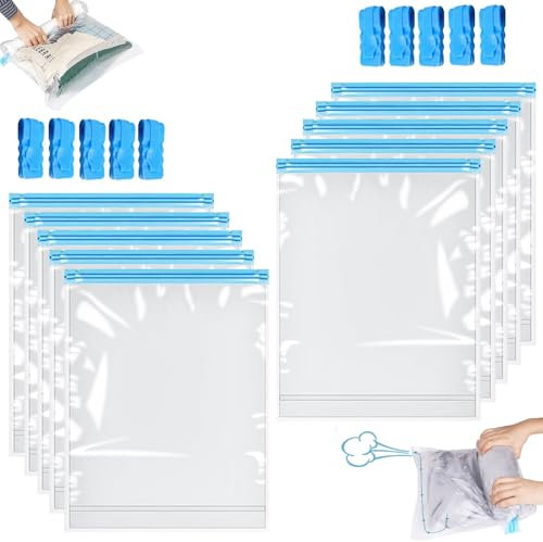 Vakuumbeutel für Kleidung, 40x60cm,10 Stück Kompressionsbeutel Reise, Reise Kompressionsbeutel zum Einrollen, Vakuum Storage Vaccumiertüten Travel, Wiederverwendbare, Für Rucksack
