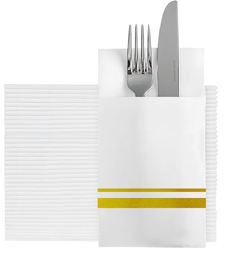 Peachicha Disposable Party Napkins Elegant Gold Print Napkin With Built-in Flatware Pocket, Pre folded Dinner Napkins For Silverware, Pack Of 150