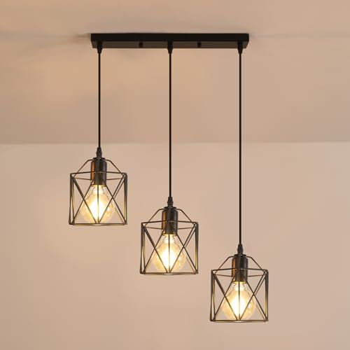 SENQIU Lampadario a Sospensione Vintage 3 Luci, Regolabile In Altezza Plafoniera Industriale E27 Nero in Metallo Gabbia, Lampada da Soffitto Retro per Soggiorno Camera da Letto Cucina Sala da Pranzo