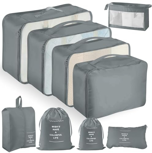 YAMAIDUO Koffer Organizer Set, 9 Stück Packing Cubes, Wasserdichte Packwürfel für Urlaub und Reisen, Reisezubehör, Packtaschen für Koffer mit Schuhbeutel für Kleidung Kosmetika, Grau