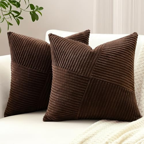 Sungeek Lot de 2 Housse de Coussin 40x40 cm en Velours Côtelé, Housse Coussins Patchwork à Rayures Pinwheel Doux Taies d'oreiller Décoratives pour Lit Canapé Chambre Salon, Marron Foncé