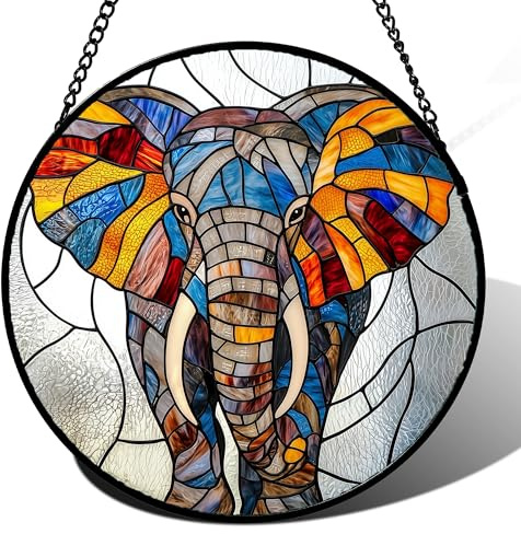 AMDERVEN Stained Glass Window Hanging, Colorful Elephant Sun Catcher for Door Home Decor Animal Suncatcher Christmas Mother's Day Birthday Gifts for Women Men Mom and Nana 7.8 in